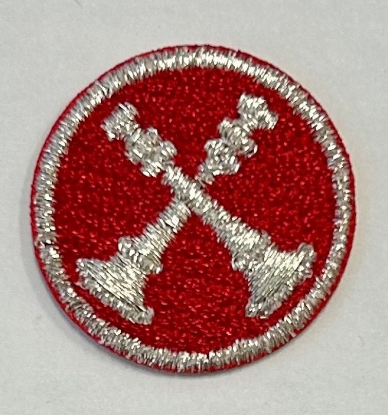 FIRE FIGHTER 2 BUGLES CROSSED, 1" CIRCLE - METALLIC SILVER ON RED - SEW ON.